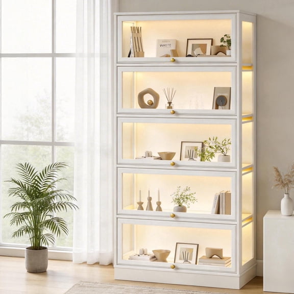 HMstone Display Cabinet with Acrylic Glass Doors, 5-Tiers Curio Display Case with LED Lights, 67" H Storage Cabinet for Collectibles, Books, White
