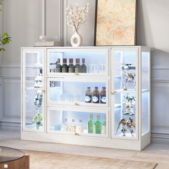 HMstone Display Cabinet with Acrylic Glass Doors, Extra Wide Curio Display Case with LED Lights, 56" W x 42" H Storage Cabinet for Collectibles, Books, White