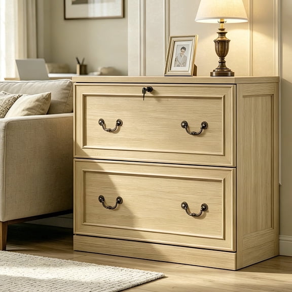HMstone Farmhouse File Cabinet with Lock, 2 Drawer Lateral File Cabinet for Printer Stand, Large Wood Filing Storage Cabinet for Home Office, Fits A4/Letter Size Files, Natural