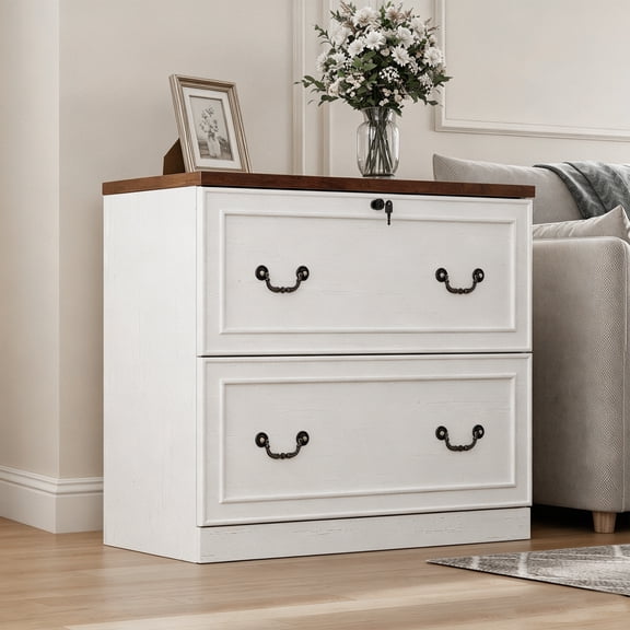 HMstone Farmhouse File Cabinet with Lock, 2 Drawer Lateral File Cabinet for Printer Stand, Large Wood Filing Storage Cabinet for Home Office, Fits A4/Letter Size Files, White