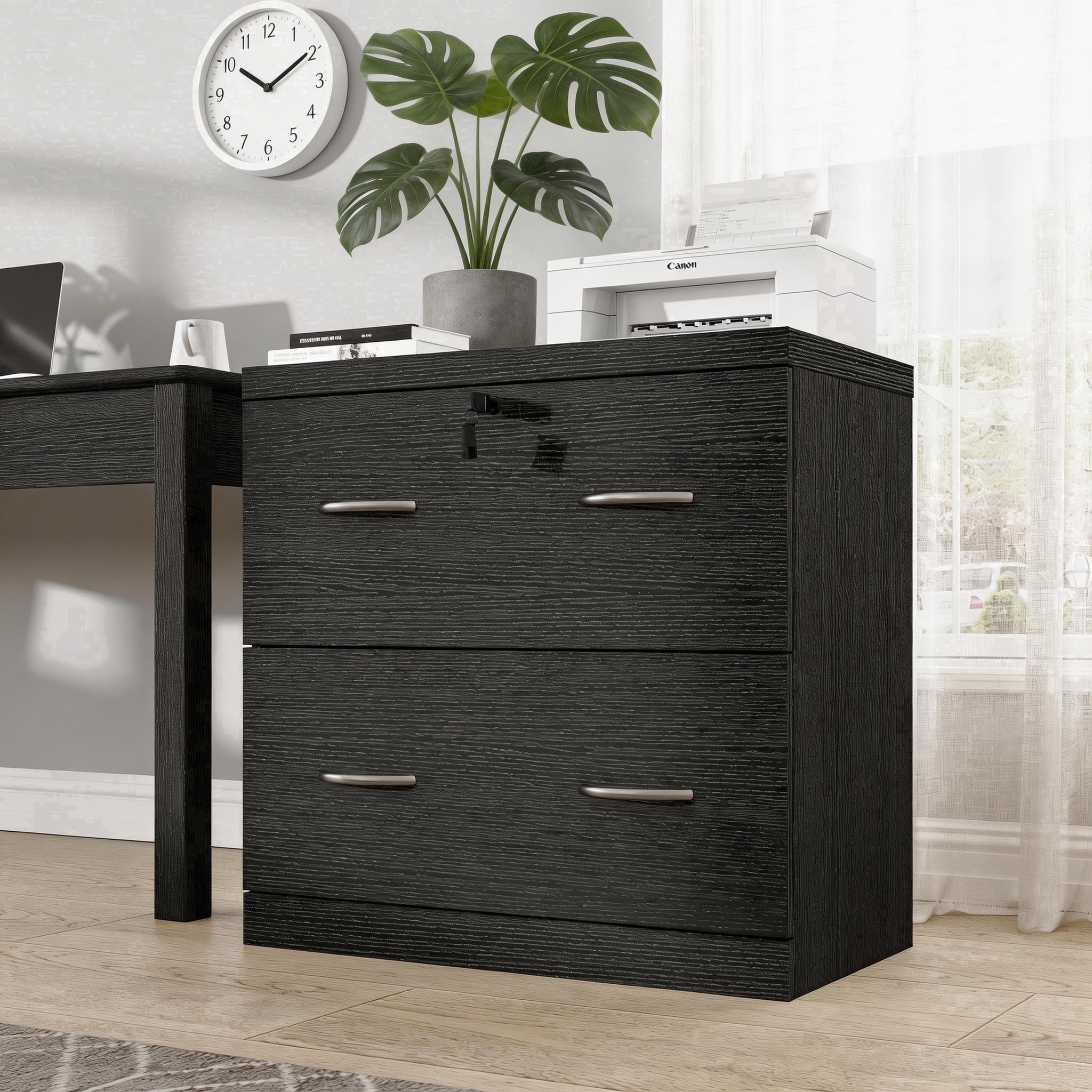 HMstone Farmhouse File Cabinet with Lock, 2 Drawer Lateral File Cabinet for Printer Stand, Large Wood Filing Storage Cabinet for Home Office, Fits A4/Letter Size Files, Black