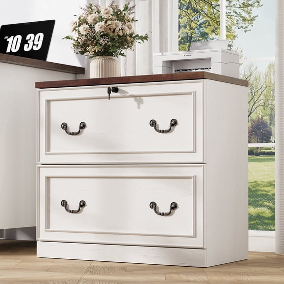 HMstone Farmhouse File Cabinet with Lock, 2 Drawer Lateral File Cabinet for Printer Stand, Large Wood Filing Storage Cabinet for Home Office, Fits A4/Letter Size Files, White