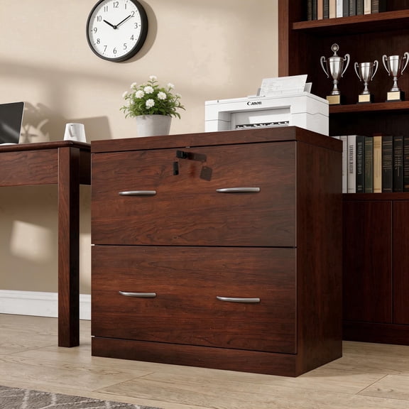 HMstone Farmhouse File Cabinet with Lock, 2 Drawer Lateral File Cabinet for Printer Stand, Large Wood Filing Storage Cabinet for Home Office, Fits A4/Letter Size Files, Walnut