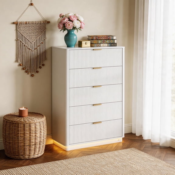 HMstone Fluted Dresser for Bedroom with 5 Drawers, 31.5" Wide Modern Wooden Long Dresser with Lighting, Storage Cabinet Chest of Drawers for Living Room, Hallway, White