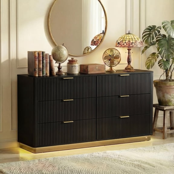 HMstone Fluted Dresser for Bedroom with 6 Drawers, 54" Wide Modern Wooden Long Dresser with Lighting, Storage Cabinet Chest of Drawers for Living Room, Hallway, Black