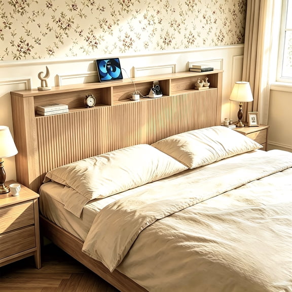 HMstone Headboard for Queen Size with Storage Shelves, Wall-Mounted Bookcase Headboards with LED Light, Wood Fluted Headboard with Power Outlets for Bedroom, Natural