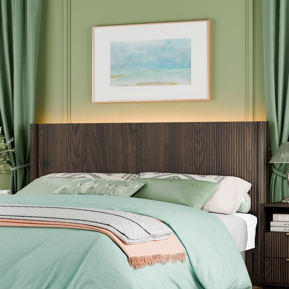 HMstone King Size Boho Headboard Only, Modern Fluted Wall-Mounted Head Board with Lighting, Wood Bed headboard Stylish Bedroom Decor, Espresso