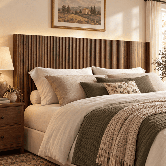 HMstone Queen Size Boho Headboard Only, Modern Fluted Wall-Mounted Head Board with Lighting, Wood Bed Headboard Stylish Bedroom Decor, Espresso