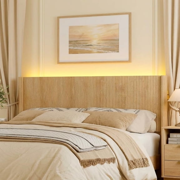 HMstone Queen Size Boho Headboard Only, Modern Fluted Wall-Mounted Head Board with Lighting, Wood Bed Headboard Stylish Bedroom Decor, Natural