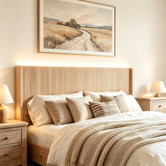 HMstone Queen Size Boho Headboard Only, Modern Fluted Wall-Mounted Head Board with Lighting, Wood Bed Headboard Stylish Bedroom Decor, Natural
