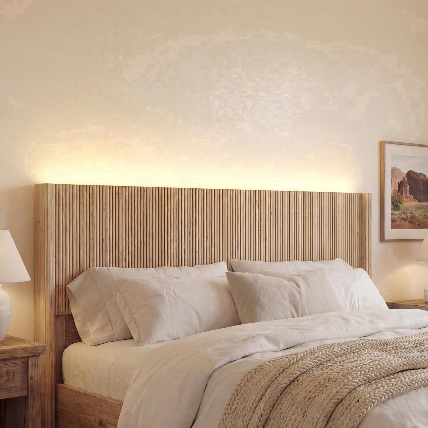 HMstone Queen Size Boho Headboard Only, Modern Fluted Wall-Mounted Head Board with Lighting, Wood Bed Headboard Stylish Bedroom Decor, Natural