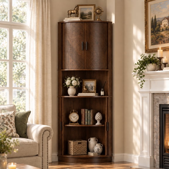HMstone Tall Corner Storage Cabinet with Fluted Doors, 5-Tier Corner Liquor Cabinet with Sliding Door, Mid-century Bookcase Corner Hutch for Living Room, Bathroom, Kitchen, Walnut