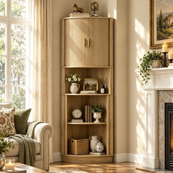 HMstone Tall Corner Storage Cabinet with Fluted Doors, 5-Tier Corner Liquor Cabinet with Sliding Door, Mid-century Bookcase Corner Hutch for Living Room, Bathroom, Kitchen, Natural