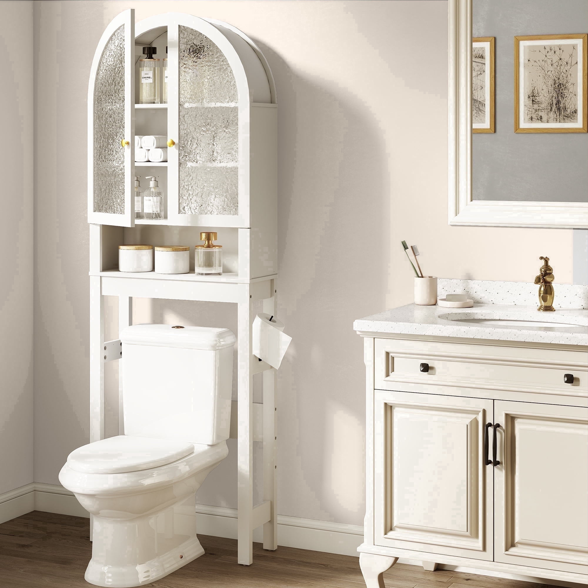 HMstone Over The Toilet Storage Cabinet, 23.7’’W Bathroom Storage Shelf Organizer with Acrylic Doors, Freestanding Above The Toilet Storage Cabinet with Adjustable Shelf for Bathroom, White