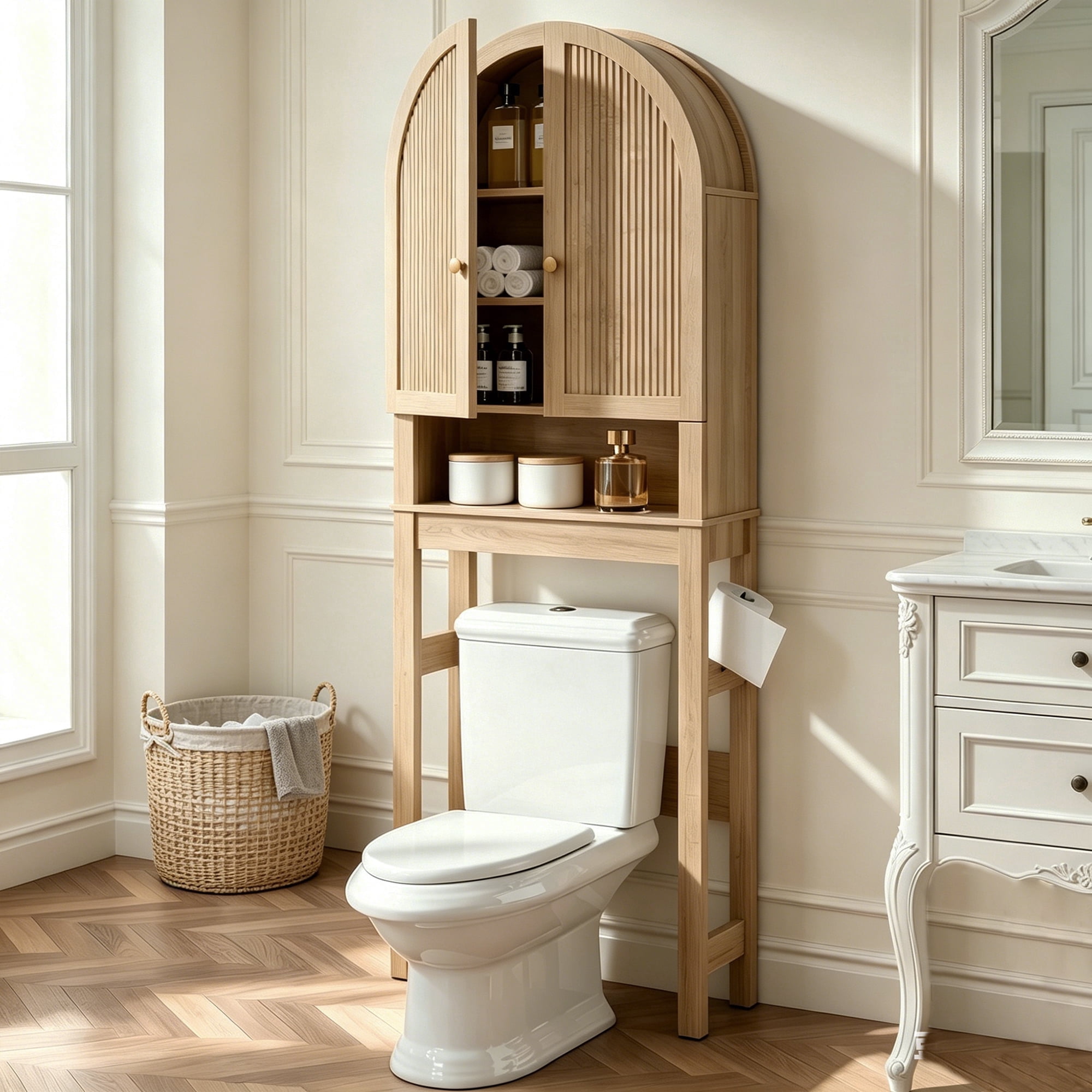 HMstone Over The Toilet Storage Cabinet, 23.7’’W Bathroom Storage Shelf Organizer with Doors, Freestanding Above The Toilet Storage Cabinet with Adjustable Shelf for Bathroom, Natural
