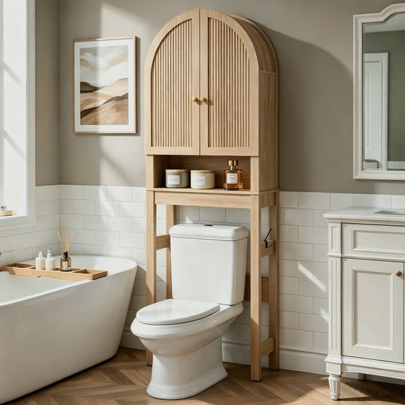 HMstone Over The Toilet Storage Cabinet, 23.7’’W Bathroom Storage Shelf Organizer with Doors, Freestanding Above The Toilet Storage Cabinet with Adjustable Shelf for Bathroom, Natural