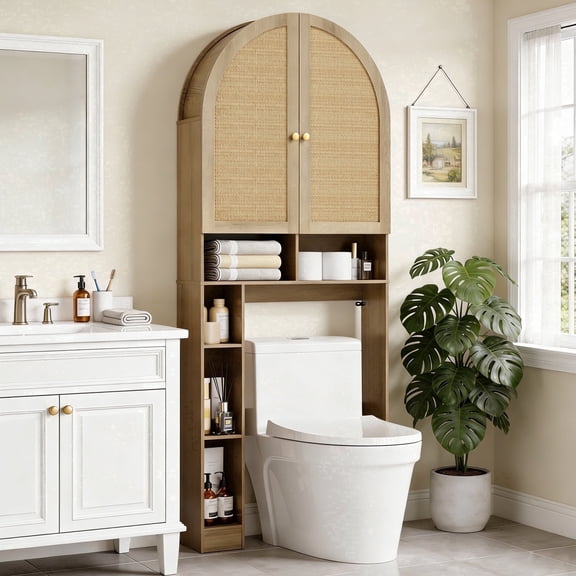HMstone Over The Toilet Storage Cabinet, 29.7’’W Bathroom Storage Shelf Organizer with Rattan Doors, Freestanding Above The Toilet Storage Cabinet with Adjustable Shelf for Bathroom, Nature