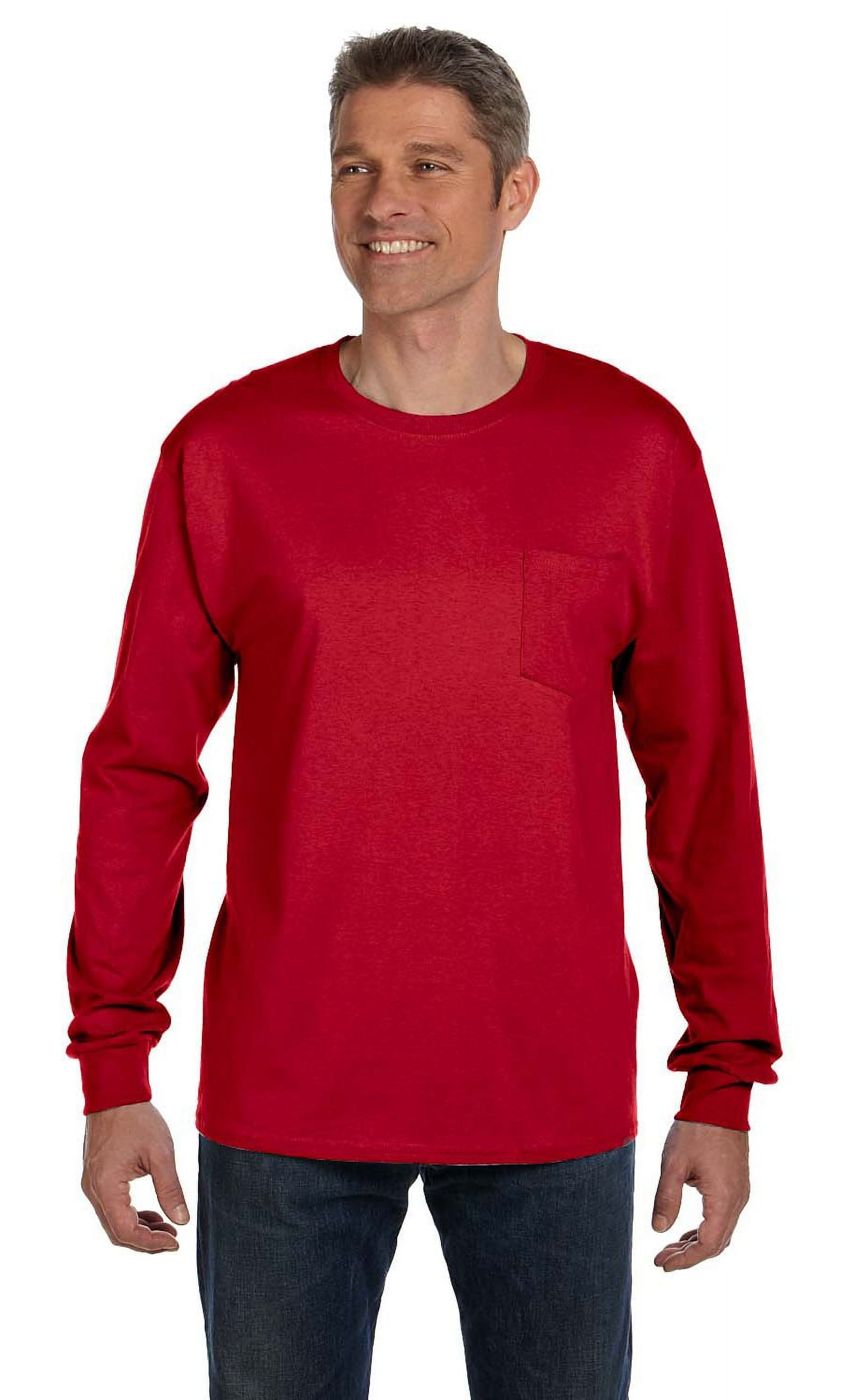 Hanes - Authentic Long Sleeve Pocket T-Shirt - 5596, Deep Red, S