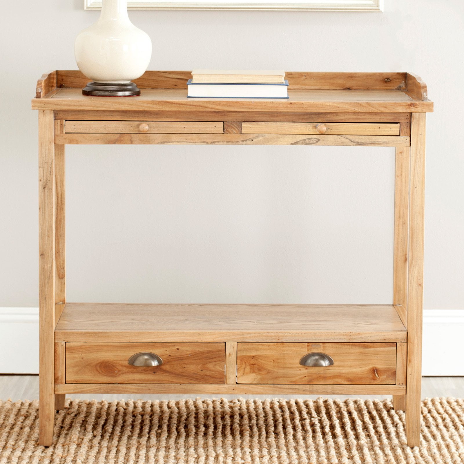 Transitional Pickled Oak Rectangular Console Table with Storage