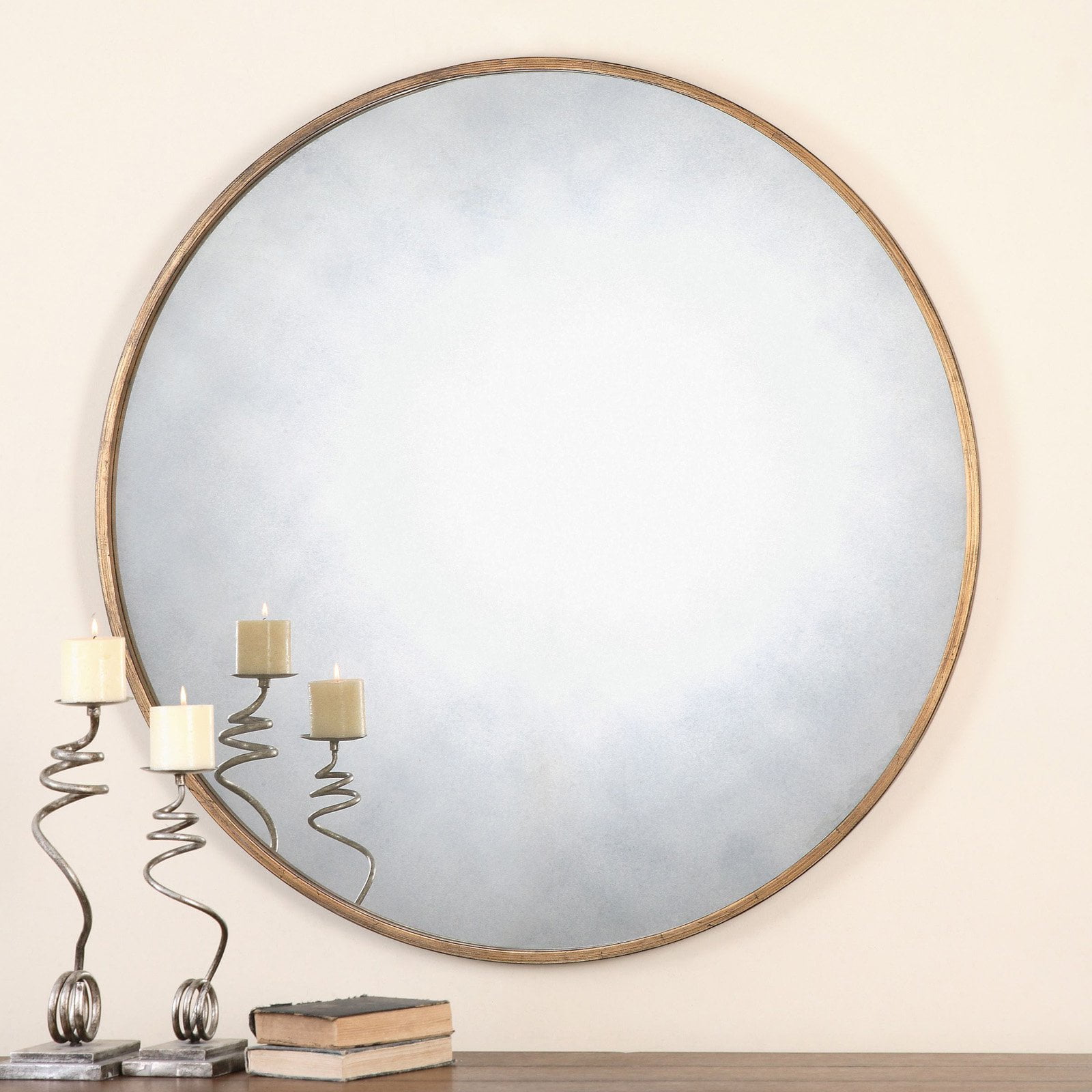 Elegant Round 43" Wood and Gold Contemporary Wall Mirror