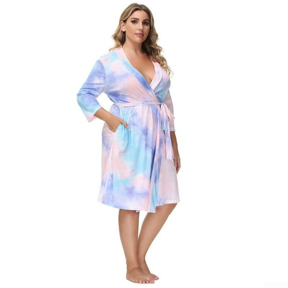 HN Women Plus Size Surplice V-Neck Sleep Robe Floral-Print Loungewear 3/4 Sleeve Bath Robe
