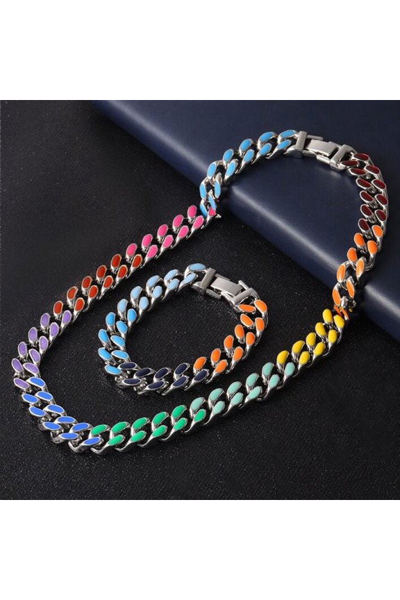 HN079:Hip-Hop Style Necklace,Colorful Rainbow Cuba Chain Necklace And Bracelets For Women And Men