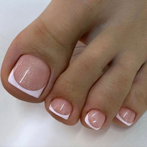 HNAPA Glitter White French Tip Square Press on Toenails Short,Nude Fake