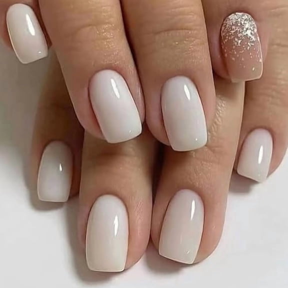 HNAPA Milky White Press on Nails Square Short Medium Fake Nails with Design Glitter Gel Glue on Nails for Women Girls Acrylic False Nails with Glue Stick on Nails for Wedding Birthday 24Pcs AAHJ87