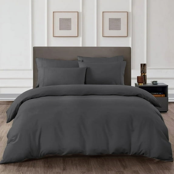 HNB Store 3pc Duvet Cover Set | 600 TC Egyptian Cotton | Oversized King Size Duvet Cover with 2 Pillowcases | Dark Grey | Solid
