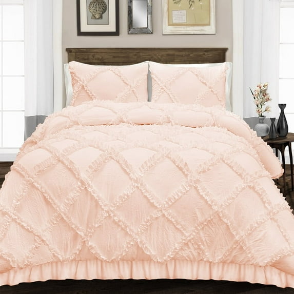 HNB Store 3pc Duvet Cover Set | Microfiber Made | Full/Queen Size Duvet Cover with 2 Pillowcases | Peach | Diamond Ruffle
