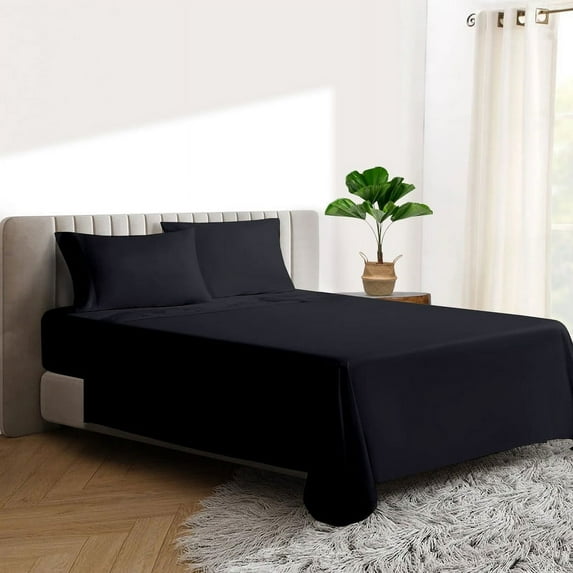 HNB Store 600 TC Egyptian Cotton Short Queen Bed Sheet Set Include's - 18" inch Deep 4 Piece Sheets | Black Solid