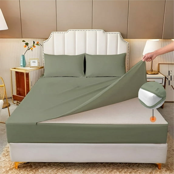 HNB Store Zipper Fitted Sheet Only, Full Size 12" Deep Pocket 600TC Pure Egyptian Cotton - Moss