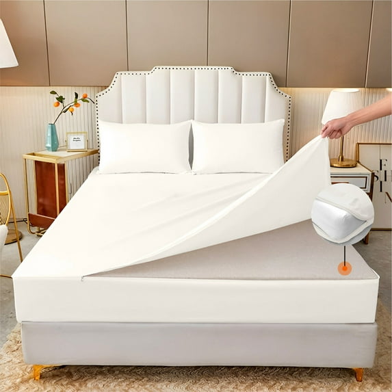 HNB Store Zipper Fitted Sheet Only, Queen Size 12" Deep Pocket 600TC Pure Egyptian Cotton - Ivory