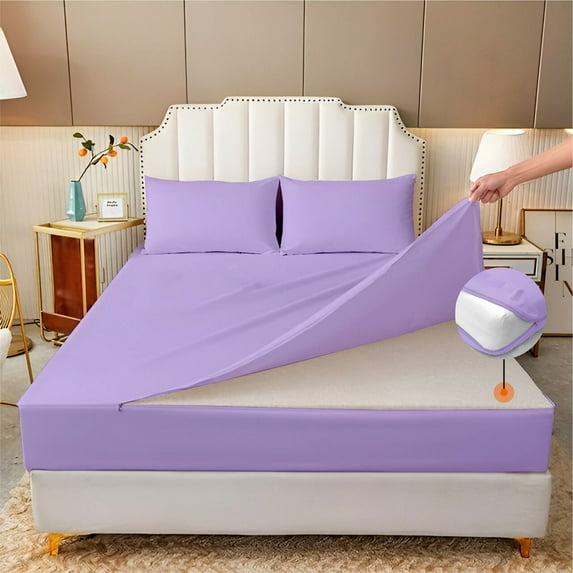 HNB Store Zipper Fitted Sheet Only, Queen Size 8" Deep Pocket 600TC Pure Egyptian Cotton - Lilac
