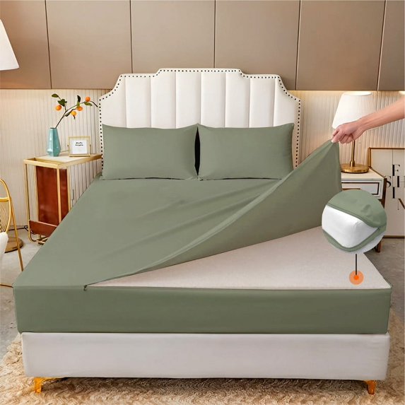 HNB Store Zipper Fitted Sheet Only, RV King Size 10" Deep Pocket Premium 1000TC Pure Egyptian Cotton - Moss