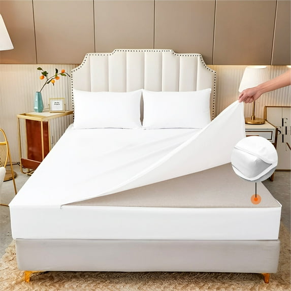 HNB Store Zipper Fitted Sheet Only, Short Queen Size 12" Deep Pocket 600TC Pure Egyptian Cotton - White