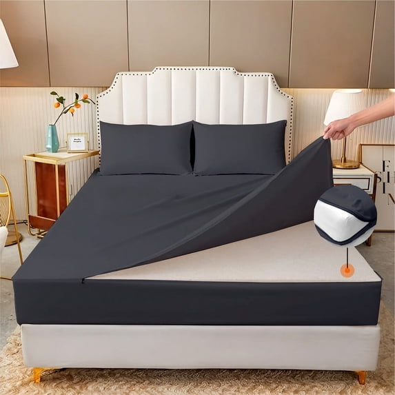 HNB Store Zipper Fitted Sheet Only, Twin Size 16" Deep Pocket Premium 1000TC Pure Egyptian Cotton - Dark Grey
