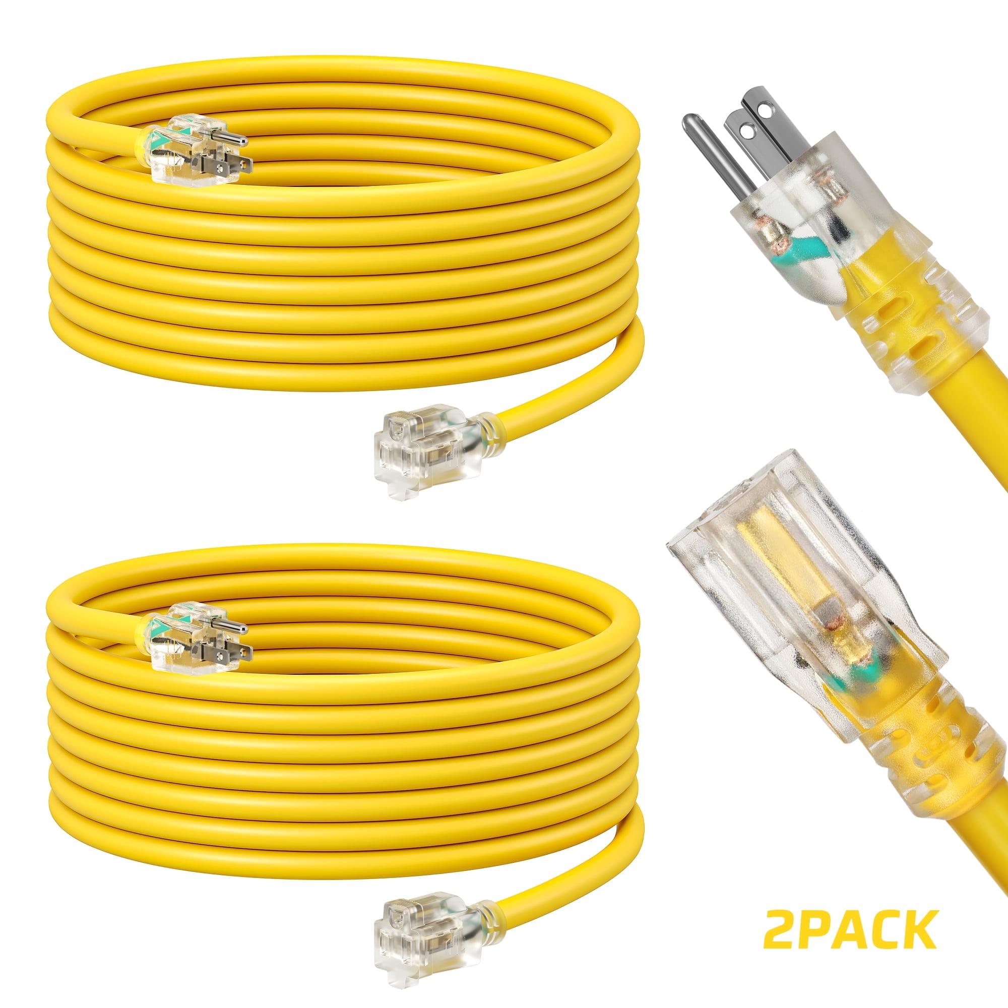 DEWENWILS 15FT Yellow Extension Cord for Outside Indoor 16/3 Gauge 16AWG 3 Prong Outlet with Light 2 Pack
