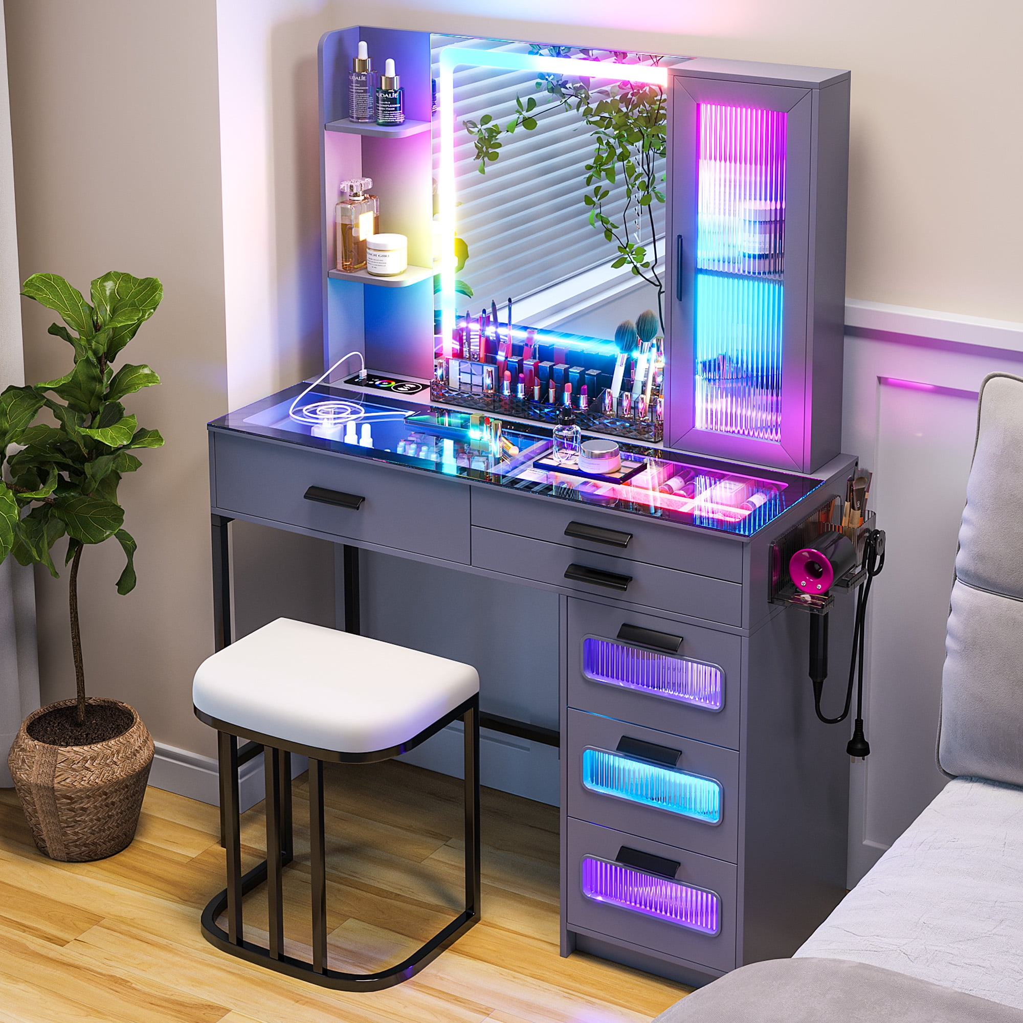 HNEBC 2 Piece Charging Station Corner Desk, Mirror, Lights, and Stool Table Set, Upgrade-Gray