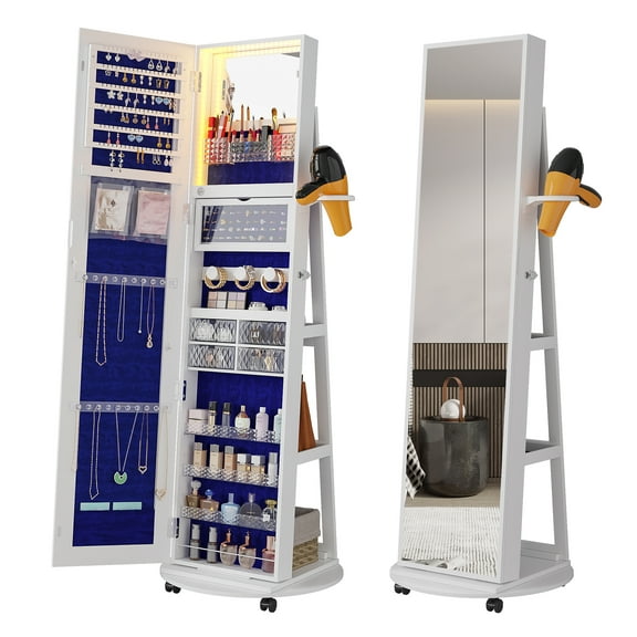 HNEBC 360° Rotating Jewelry Armoire with Mirror, Full Length Mirror with Storage, Mirror Jewelry Cabinet Standing with LED Lights, Lockable Jewelry Organizer Stand/Foldable Makeup Shelf (White)