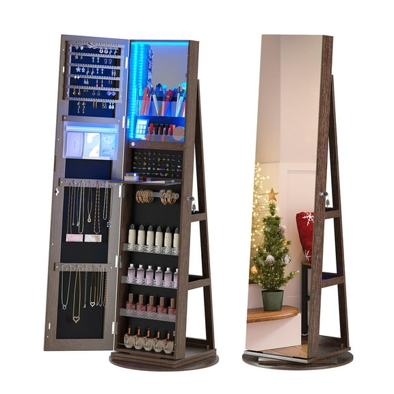 HNEBC 360° Rotating Jewelry Cabinet with Lights, 63"H Standing Jewelry Armoire with Rotatable Full Length Mirror with Jewelry Storage, Lockable Lagre Jewelry Organizer Stand(Brown)
