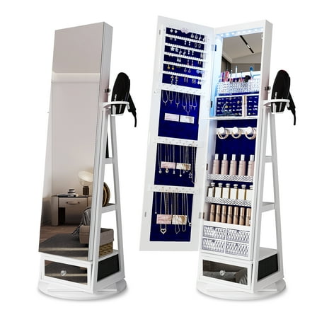 HNEBC 360° Swivel Jewelry Cabinet with Mirror,Standing Jewelry Armoire Organizer with LED Lights,Full Length Mirror with Jewelry Storage,Large Jewelry Boxes/Foldable Makeup Shelf/Storage Drawer(White)