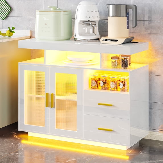 Modern White Buffet Cabinet with Wireless Charger, 2 Drawers, LED Lights