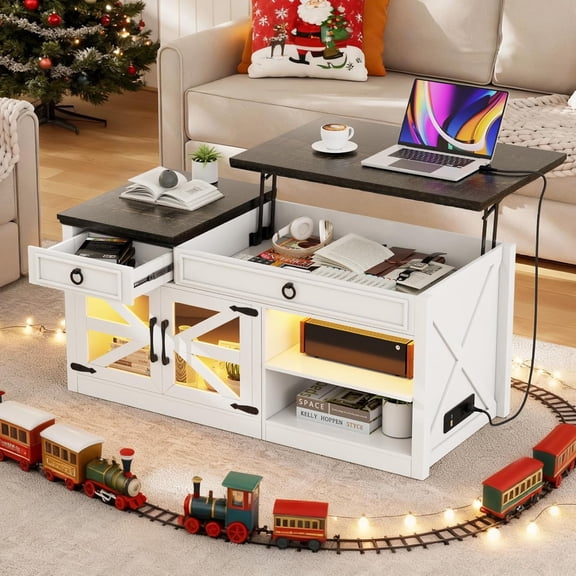 HNEBC 48" Farmhouse Coffee Table with Lifting Top, LED Center Table with Human Sensor Light,Lift Top Coffee Table with Charging Station,Outlets,Drawer,Hidden Storage Compartment,Living Room
