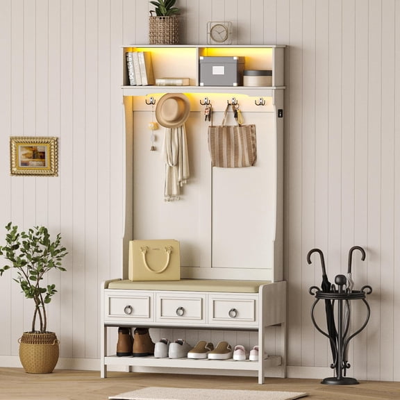 HNEBC 67" Farmhouse Hall Tree with and Shoe Storage,LED Entryway with Coat Rack,Lighted Entryway Cabinet with 2 Storage Cubbies,Sliding Drawers,Shoe Rack,Top Shelf for Hallway