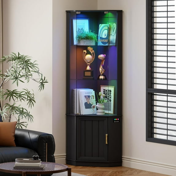 HNEBC 69" Tall Curio Display Cabinet with Glass Door and Movable Shelves,Corner Bookcase with LED Human Sensor Lights,5-Tier RGB Display Case for Collectibles,Bedroom Living Room