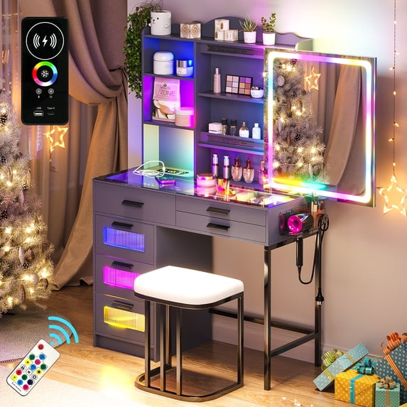 HNEBC RGB Makeup Vanity with Mirror Lights, Sliding Mirror Vanity Desk with Glass-Top Design,Women White Vanity for Bedroom,7 Dynamic Vanity Table Set with Storage Cabinet and Cushion Stool (Grey)