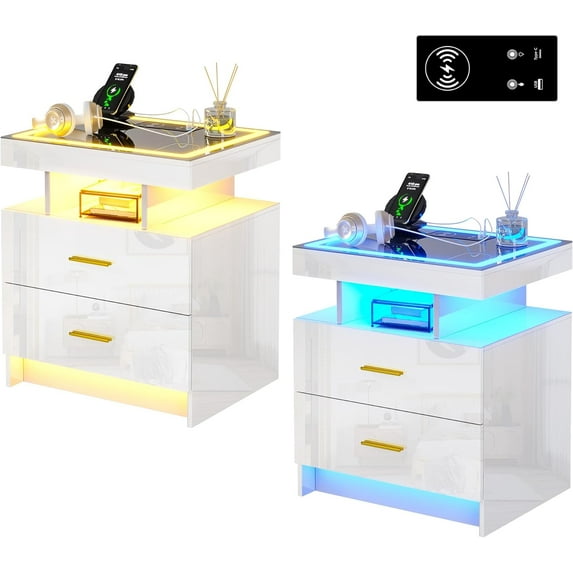 HNEBC Auto LED Nightstand Set of 2, White Night Stand with Charging Station & USB Ports, High Gloss Bedside Table has 2 Drawers,Modern End Side Table for Bedroom (White)
