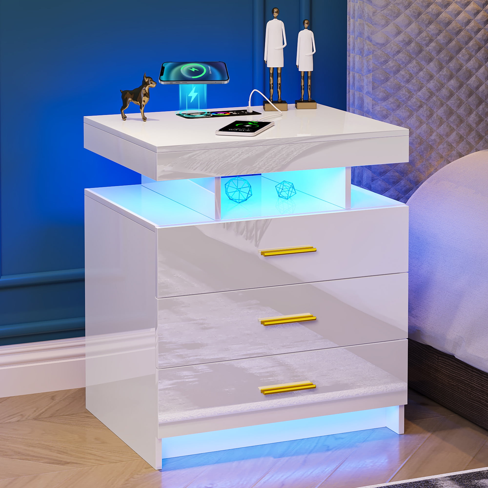 HNEBC Auto LED Nightstand with Wireless Charging Station,High Gloss Bedside Tables with 3
