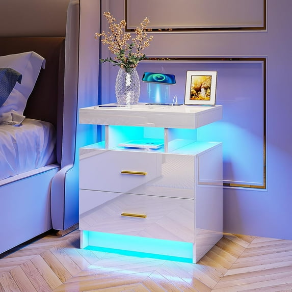 HNEBC Auto LED Nightstand with Wireless Charging Station & USB Ports,High Gloss Bedside Tables with 2 Drawers,Floating Nightstand with 3 Color & Adjustable Brightness for Bedroom,White